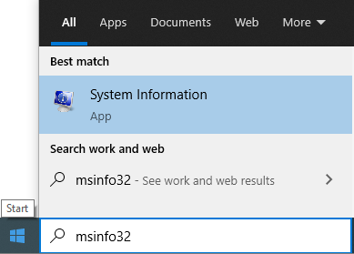 Screenshot of the Search box, with msinfo32 input.