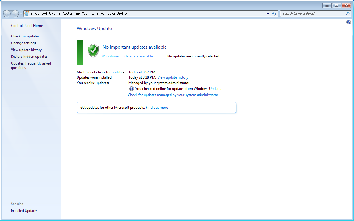 Screenshot of the Windows Update panel, showing the link of optional updates available.