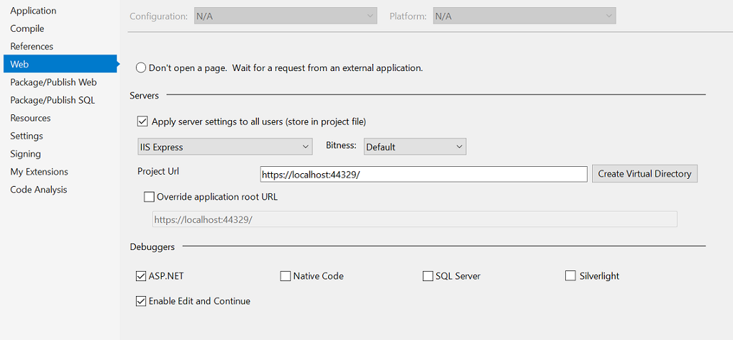 Screenshot of the Web menu with the ASP.NET option checked.