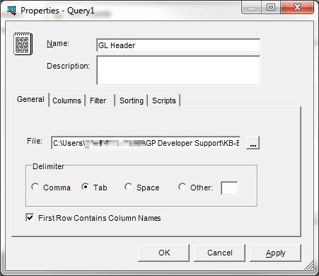 Screenshot of the Properties - Query1 window after you complete the step c of the Header Source Query creation.