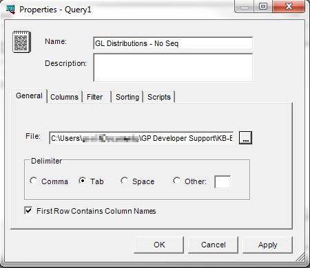 Screenshot of Properties - Query1 window of the Distribution Source Query without Sequence.