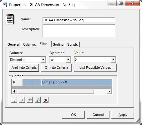 Screenshot of the  Filter tab in Properties window of the AA Dimension Source Query without Sequence after you complete step ii.
