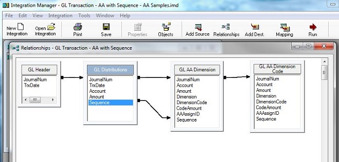 Screenshot of the Relationships - GL Transaction - AA with Sequence window in Integration Manager after you use the Sequence field to link the AA Dimension.