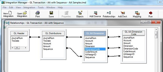 Screenshot of the Relationships - GL Transaction - AA with Sequence window in Integration Manager after you link with Sequence field and add DimensionCode field.