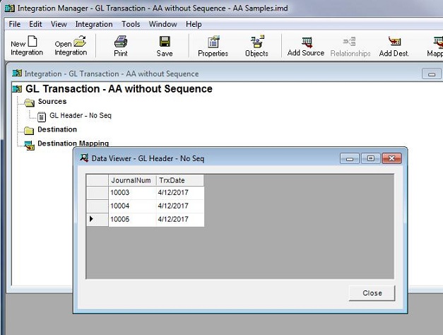 Screenshot of Data Viewer - GL Header - No Seq window in Integration Manager, which shows JournalNum and TrxDate.