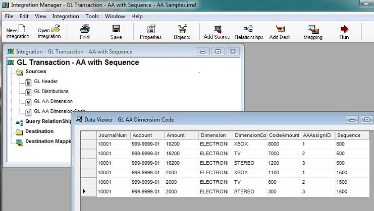 Screenshot of Data Viewer - GL AA Dimension Code query window in Integration Manager, which shows JournalNum and TrxDate.