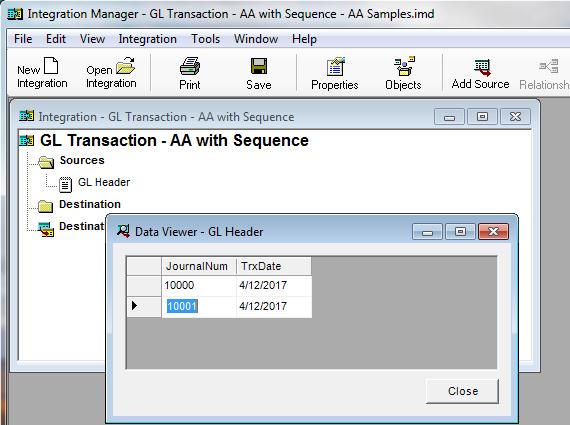 Screenshot of Data Viewer - GL Header window in Integration Manager, which shows JournalNum and TrxDate.