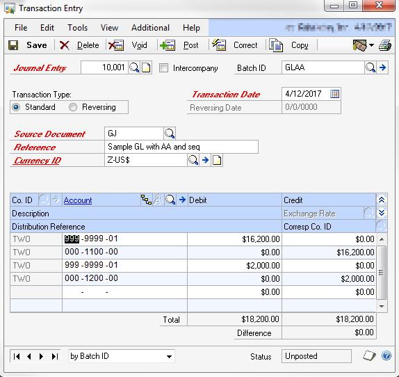 Screenshot of Transaction Entry window of the second transaction.