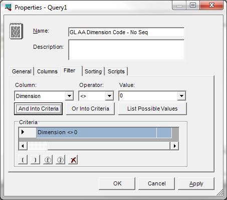 Screenshot of the Filter tab in Properties window of the AA Dimension Code Source Query without Sequence after you complete step ii.