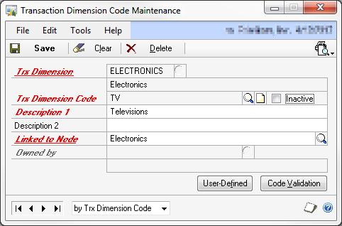 Screenshot of Transaction Dimension Code Maintenance window after you complete the step i.