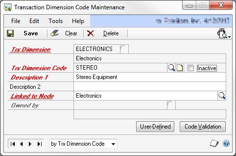 Screenshot of Transaction Dimension Code Maintenance window after you complete the step m.