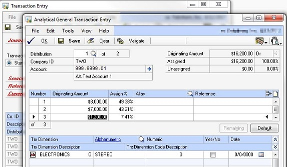 Screenshot of Analytical General Transaction Entry window, which shows the distribution amount of $16,200: $1200.