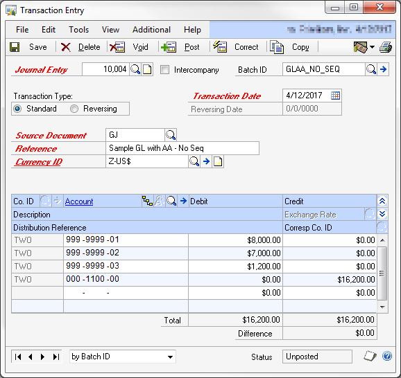 Screenshot of the Transaction Entry window of the second transaction Journal Number 10004.