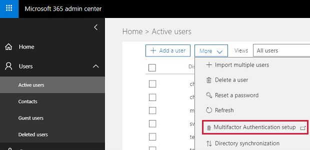 Screenshot shows that M F A can be configured from Microsoft 365 admin center.