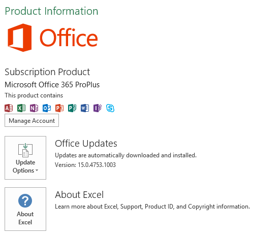 Screenshot of the Account page of Excel for C2R installation.