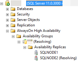 Screenshot of the availability replicas in SQL Server Management Studio.