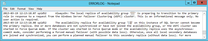 Screenshot of the SQL Server error log in Case 3.