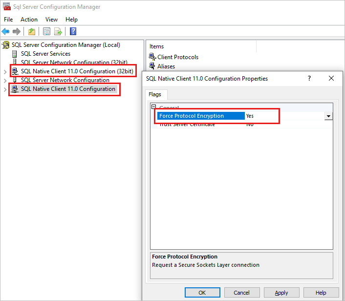 Screenshot of the SQL Native Client 11.0 Configuration properties in SQL Server Configuration Manager.