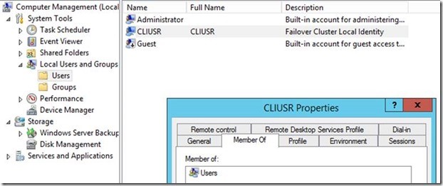 Screenshot of CLIUSR Properties in Computer Management.