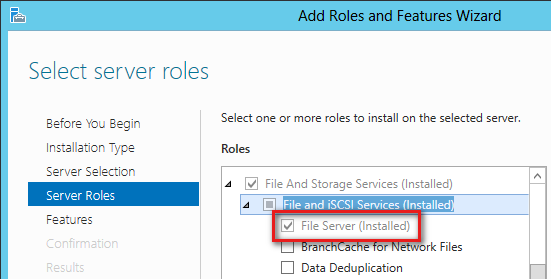 Enable the File Server role in the Add Roles and Features Wizard window.