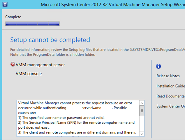 Details of the Setup cannot be completed error that occurs when you install System Center 2012 Virtual Machine Manager.