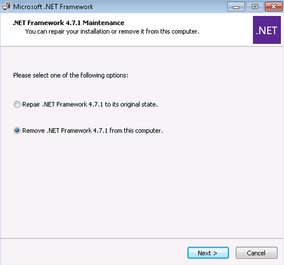 Screenshot of the Remove .NET Framework 4.7.1 from this computer option.