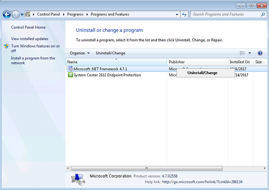 Screenshot of Uninstall/Change option of .Net Framework 4.7.1 in Programs and Features in Control Panel.