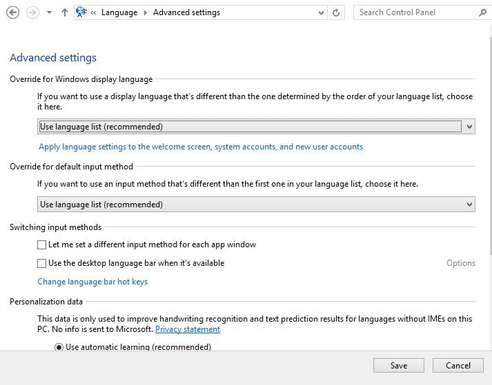 Select the Use language list (recommended) options in Advanced settings.