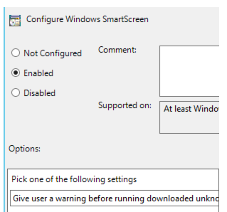Screenshot of the Configure Windows SmartScreen setting window in Group Policy Object Editor if you select the second option.