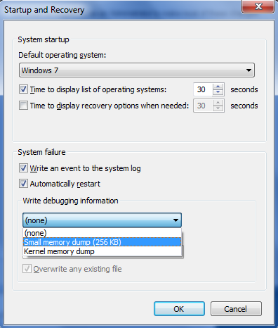 Screenshot of the Small memory dump (64k) option in the Write debugging information list in the Startup and Recovery window.