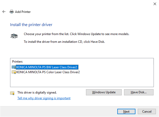 Screenshot of the printer driver list in the Install the printer driver dialog.