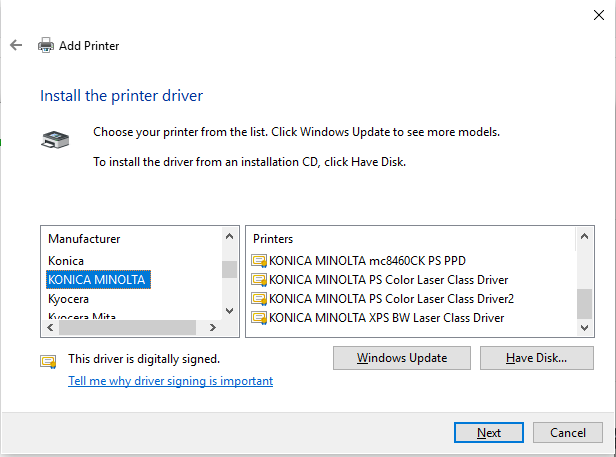 Screenshot of the Printer list for KONICA MINOLTA in the Install the printer driver dialog.