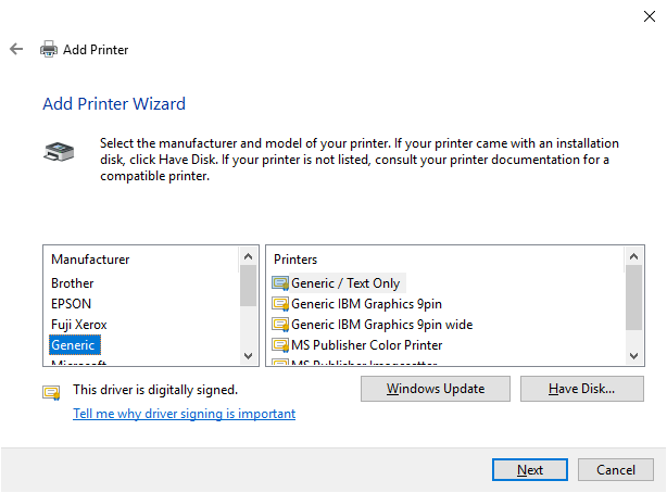Screenshot of the Have Disk... option for Generic / Text Only Printer in the Add Printer Wizard dialog.