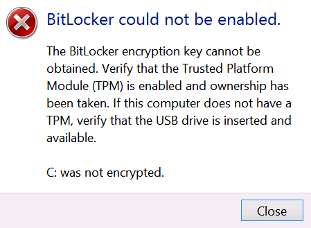 Screenshot of the BitLocker error message.