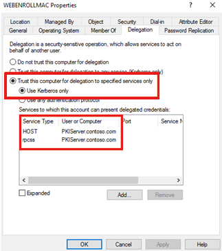 Configure delegation on the web server computer account.