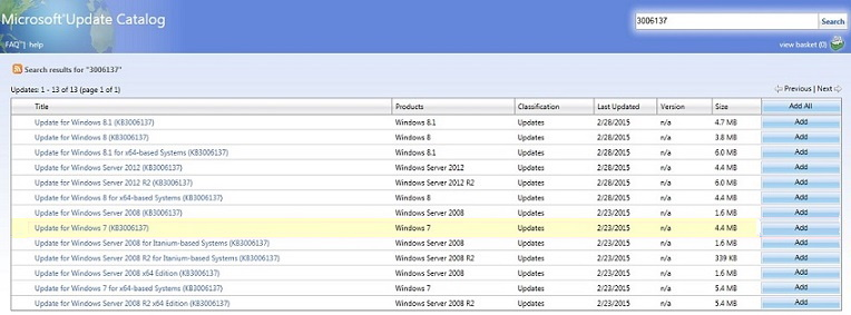 Microsoft Update Catalog shows the search results.