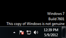 Copy of Windows is not genuine error shown in the lower-right corner of the screen.