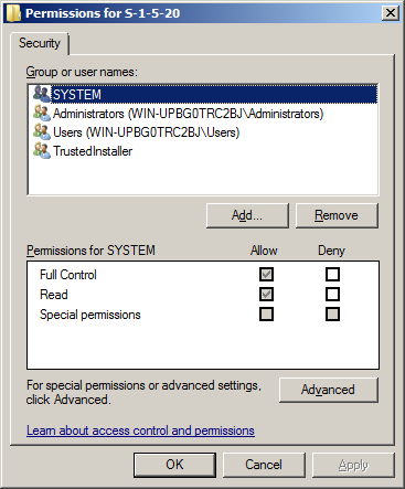 Adding NETWORK SERVICE under the Security tab of the permissions settings dialog box.