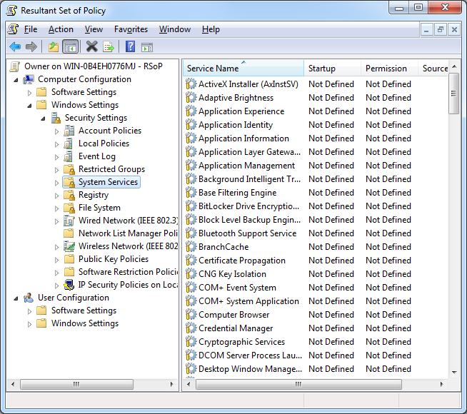 Screenshot shows how to find the System Services in the Resultant Set of Policy wizard.