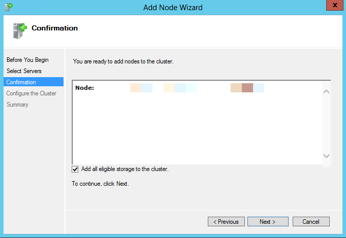Screenshot of the Add Node Wizard window with the Add all eligible storage to the cluster checkbox selected.