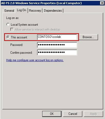 Screenshot of the AD FS 2.0 Windows Service Properties (Local Computer) window, in which the service account is displayed in the This account field.