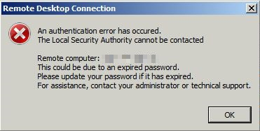 Screenshot of the Remote Desktop Connection window  which shows the error message with NLA enabled.