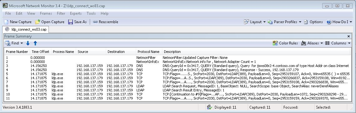 Screenshot of the Microsoft Network Monitor window with network trace of Windows Server 2003 or 2008 LDAP client.