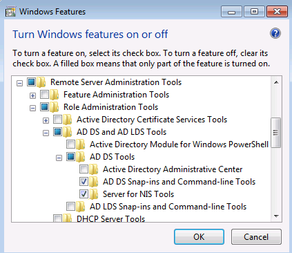 Screenshot of the Windows Features window with the AD DS Snap-ins and Command-line Tools and the Server for NIS Tools selected.