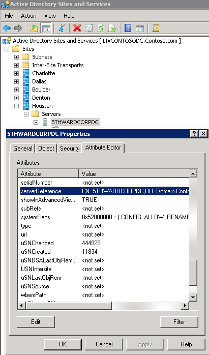Screenshot of the Active Directory Sites and Services window with the 5THWARDCORPDC Properties window opened, and the serverReference attribute is selected.