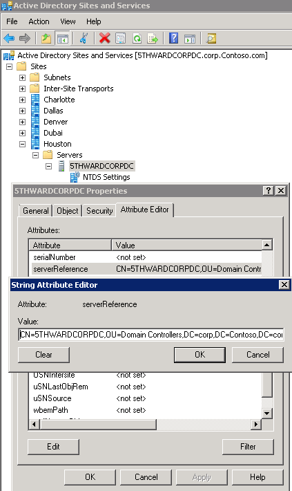 Screenshot of the Active Directory Sites and Services window with the 5THWARDCORPDC Properties window opened, and a String Attribute Editor window is opened for editing the value.