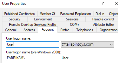 Set the user account to use the alternate U P N of the resource forest in the Account tab of the User Properties dialog box.