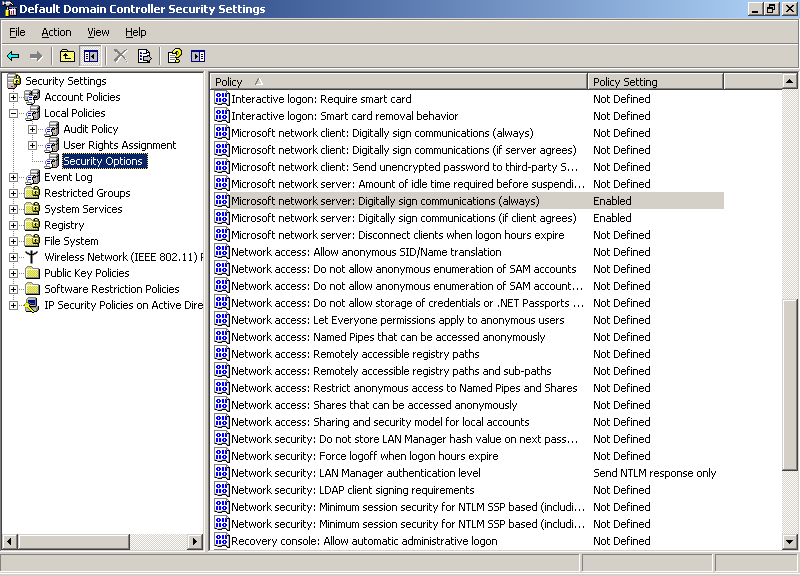Screenshot of the Default Domain Controller Security Settings window with Security Options selected.