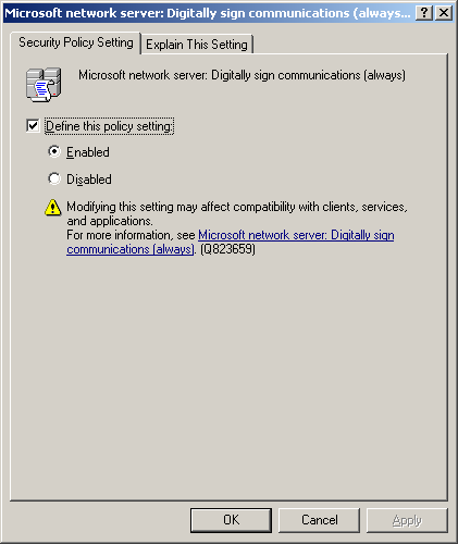 Screenshot of the Microsoft network server window with the Define this policy setting selected and enabled.