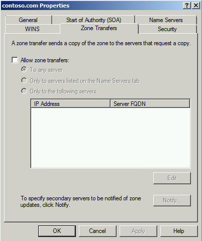 Screenshot of the properties window which shows the Allow zone transfers check box is cleared.